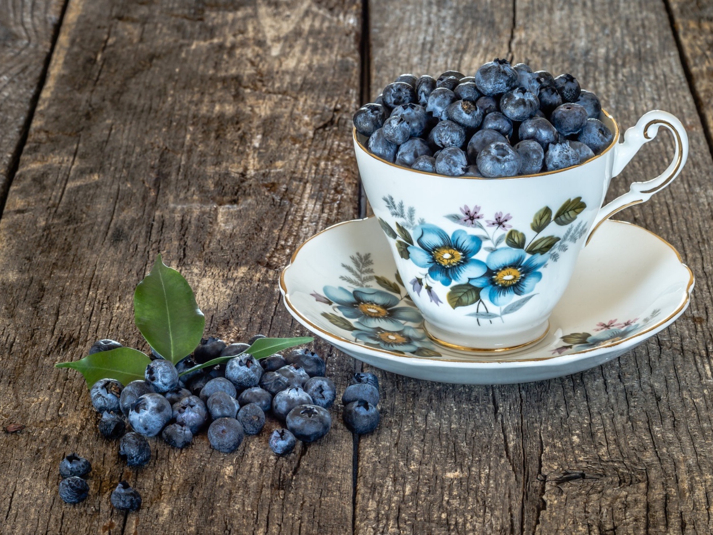 Красивая чашка наполнена ягодами черники