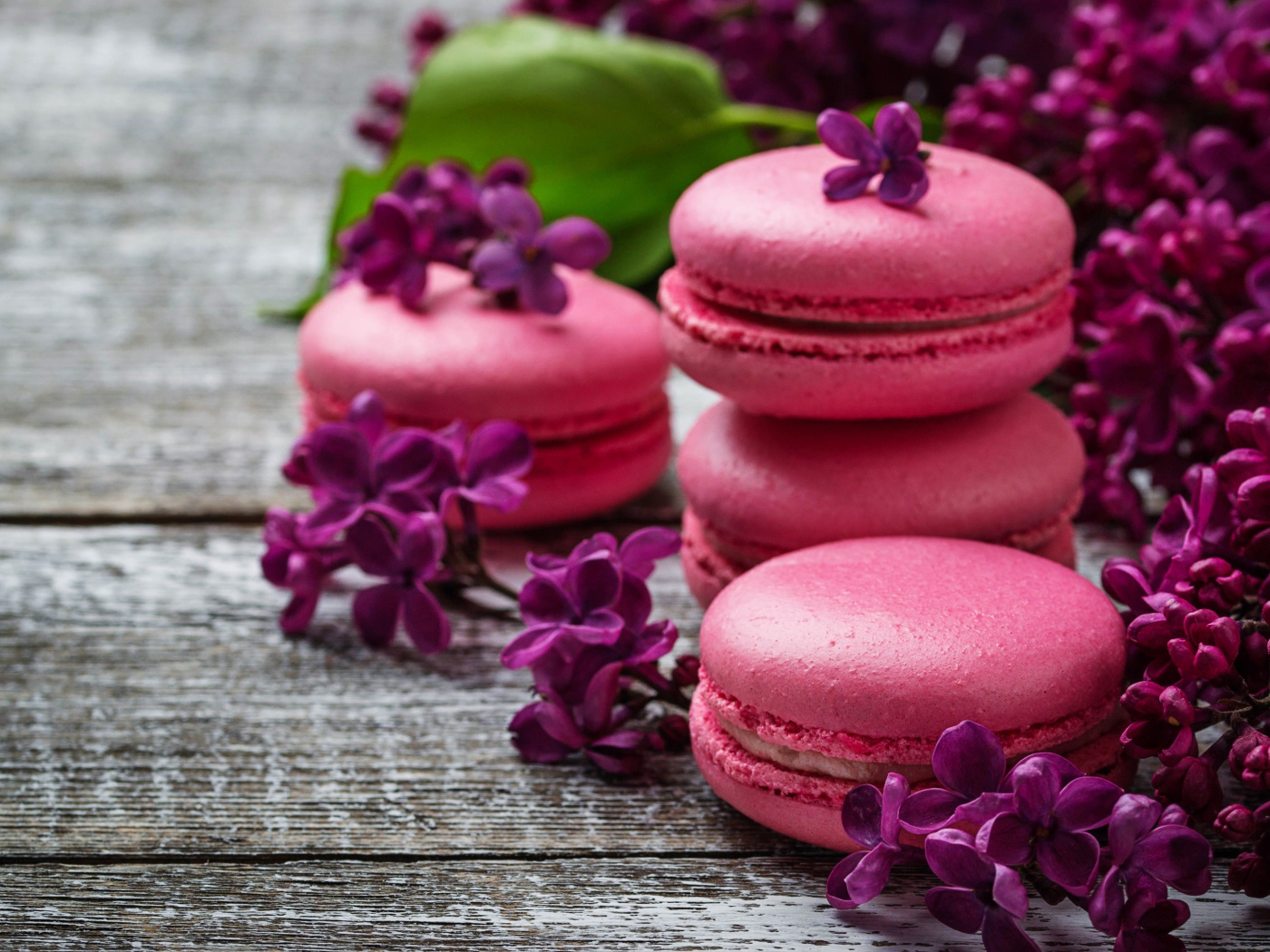 Розовый десерт макарон на столе с сиренью