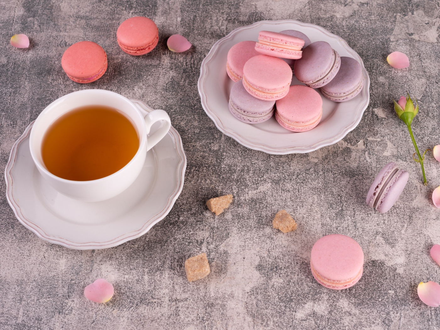 Тарелка с десертом макарун на столе с чашкой чая