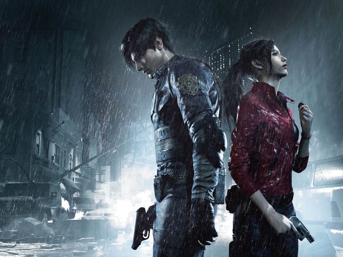 Персонажи компьютерной игры Resident Evil 2, 2019 года под дождем