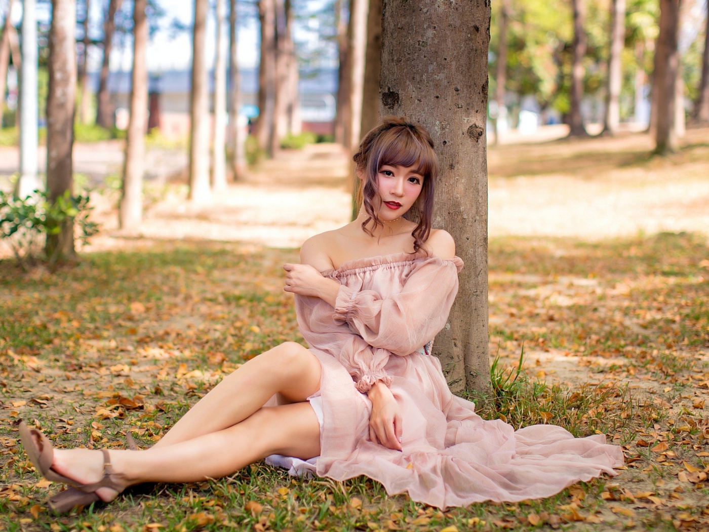 Красивая девушка азиатка в платье сидит под деревом