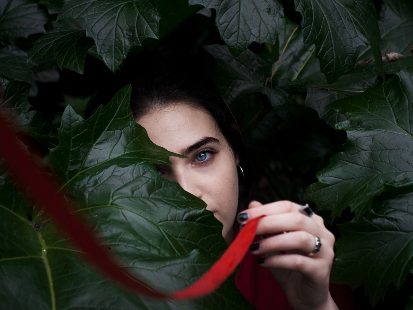 Голубоглазая девушка в больших зеленых листьях