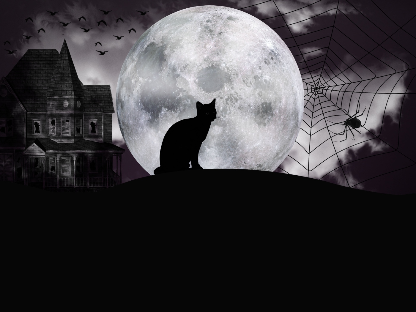 Черный кот на фоне большой луны на Хэллоуин 