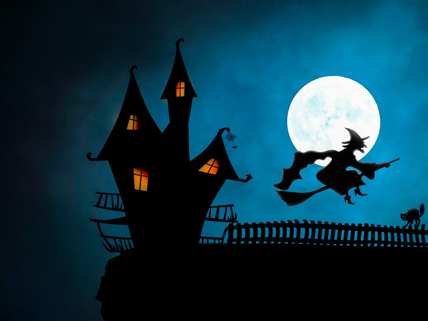 Ведьма на метле у черного замка на фоне луны 