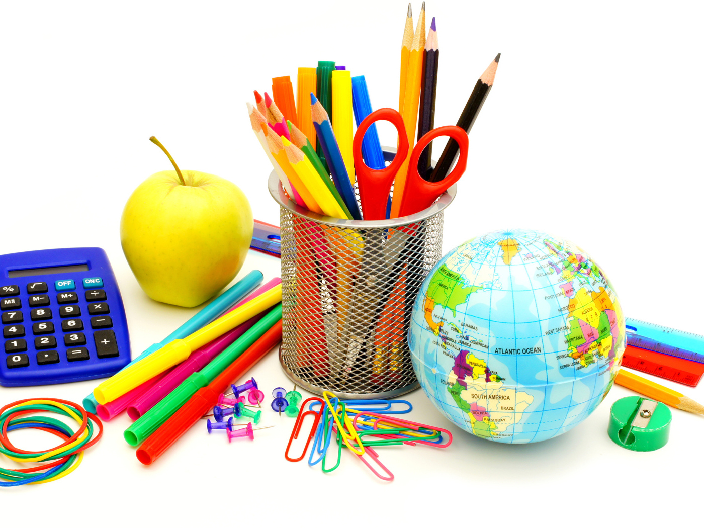 Stationery school supplies on a white background on Knowledge Day on September 1