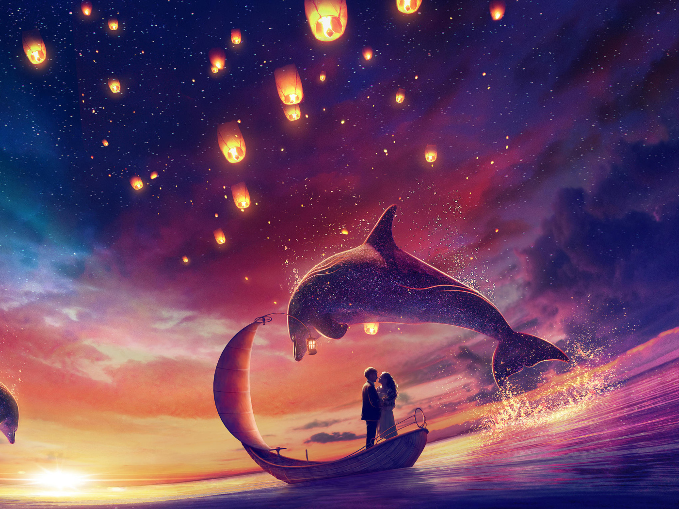 Влюбленная пара на лодке в воде с дельфинами