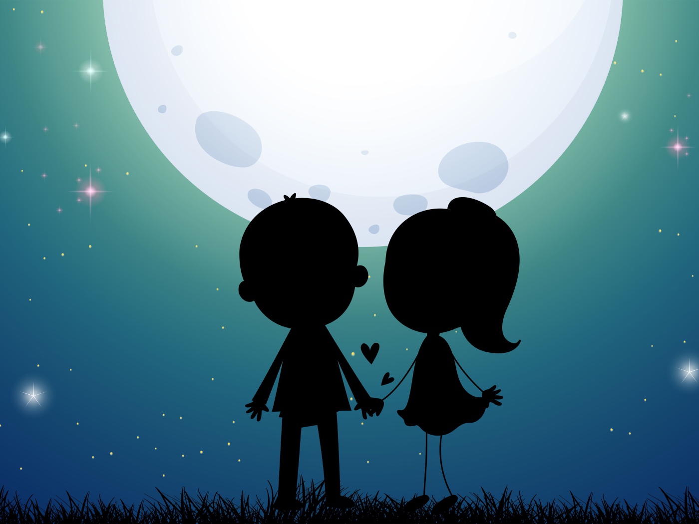 Нарисованные силуэту влюбленной пары на фоне луны