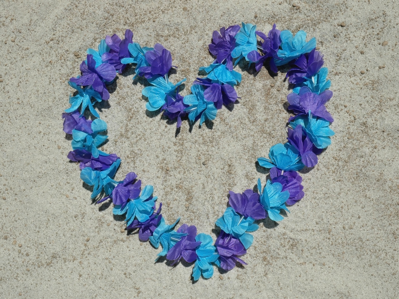 Сердце из цветов на песке на пляже