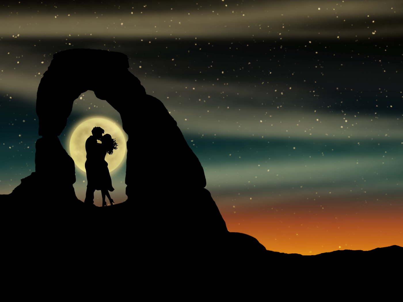 Поцелуй влюбленной пары в горах на фоне луны