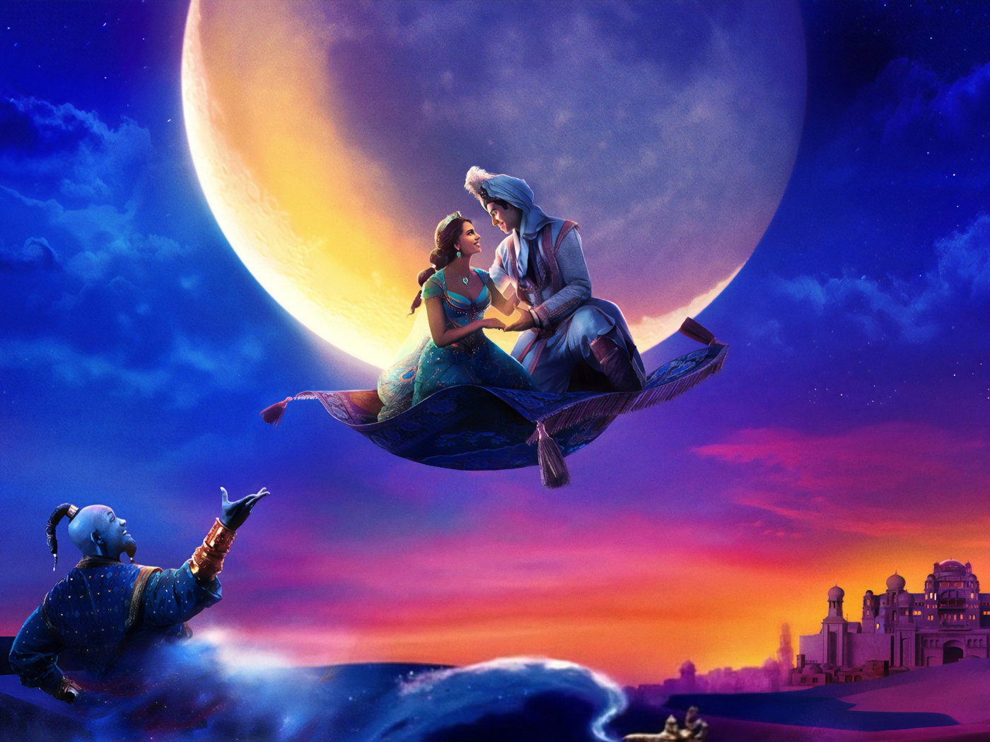 Aladdin and Jasmine on the carpet plane on the background of the moon