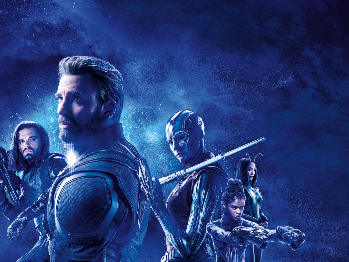 Персонажи фильма Мстители: Финал на фоне голубой галактики 