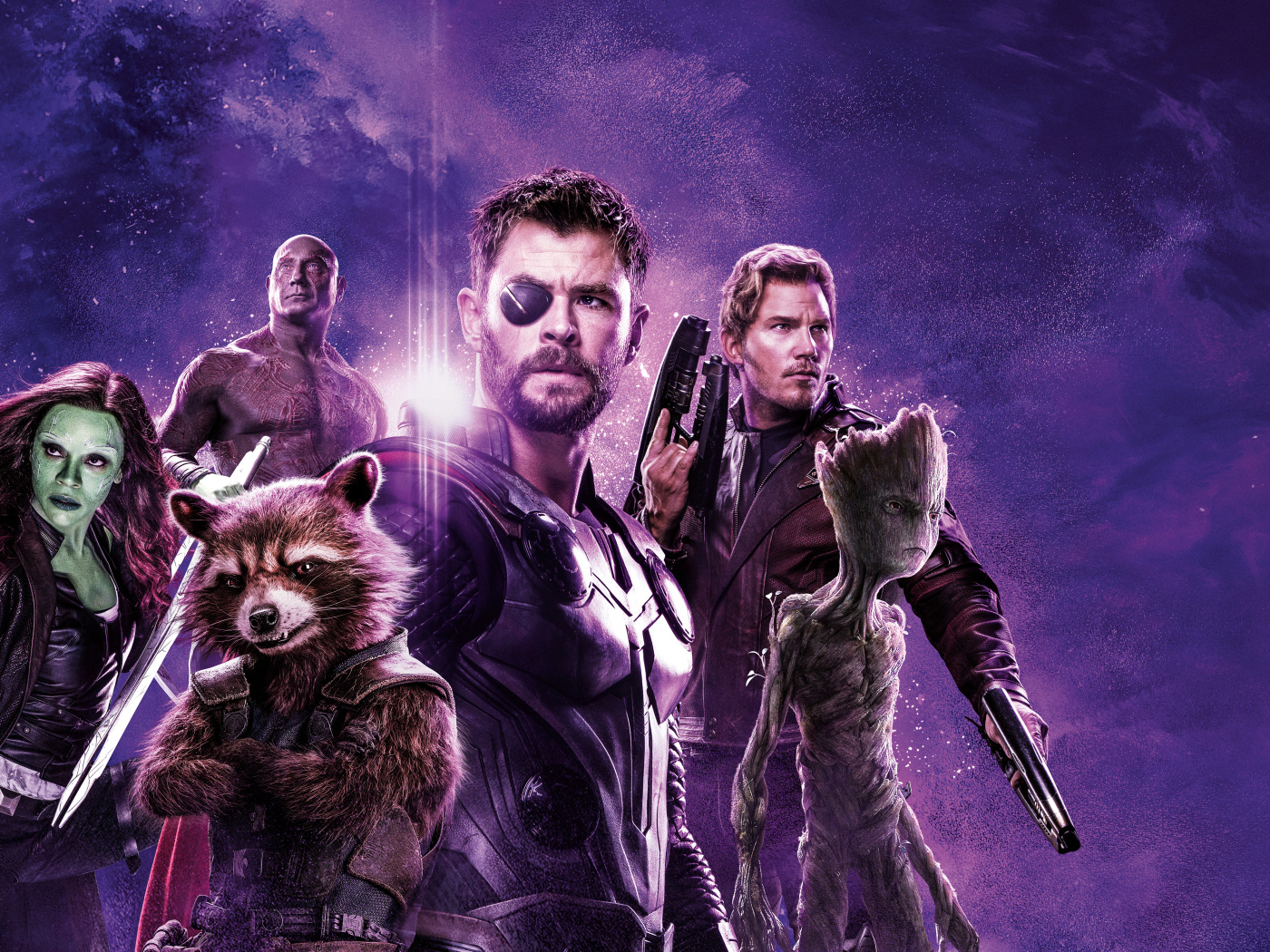 Главные герои фильма Мстители: Финал 2019 года на фиолетовом фоне