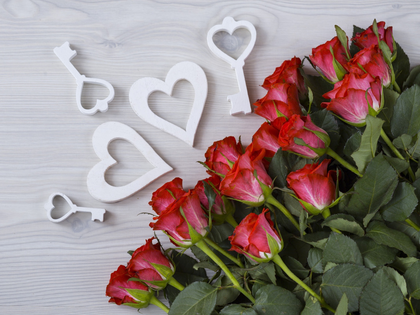 Букет красивых красных роз на серой поверхности с белыми сердечками  