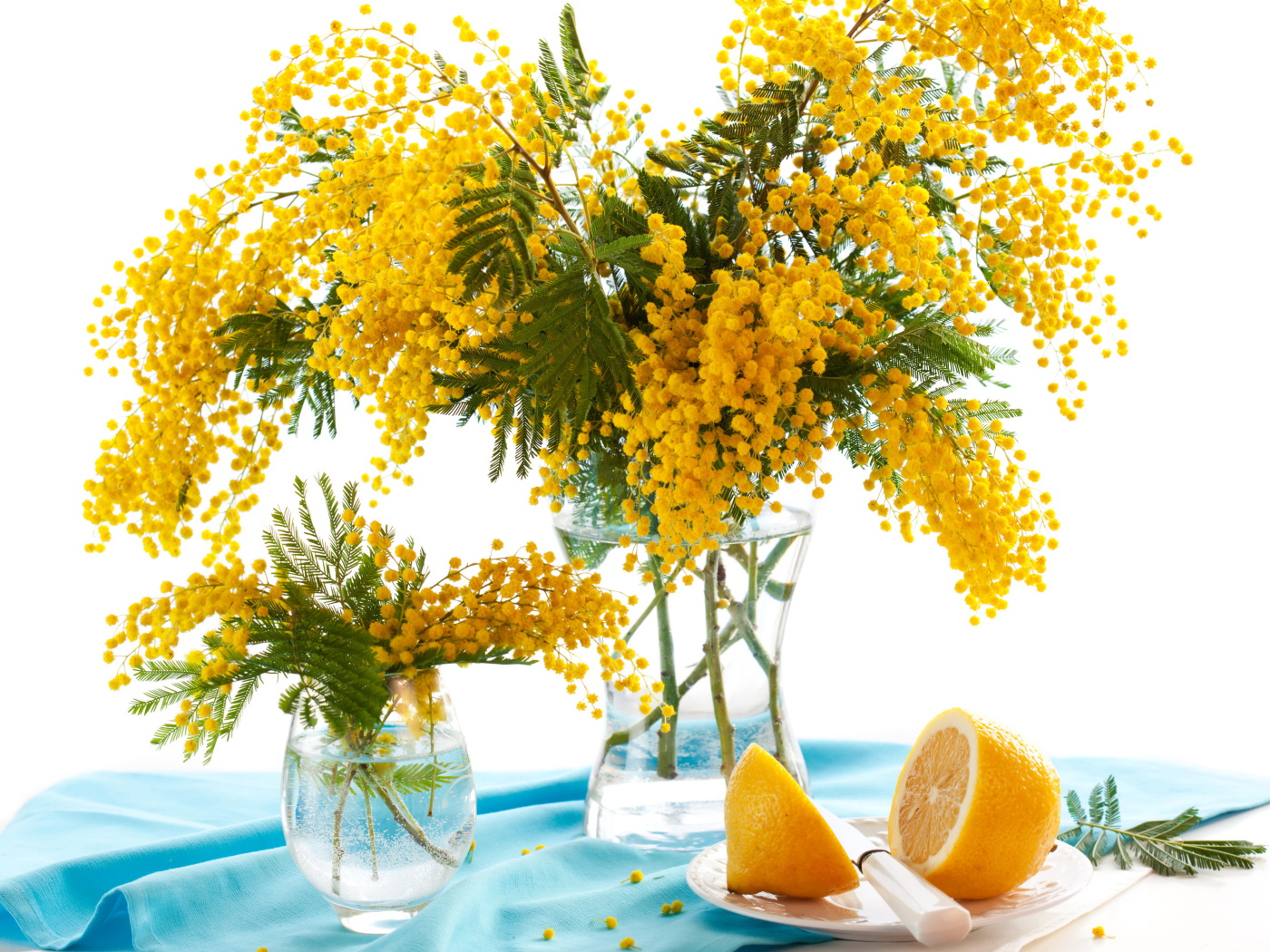 Букет желтой мимозы в вазе на столе с лимоном