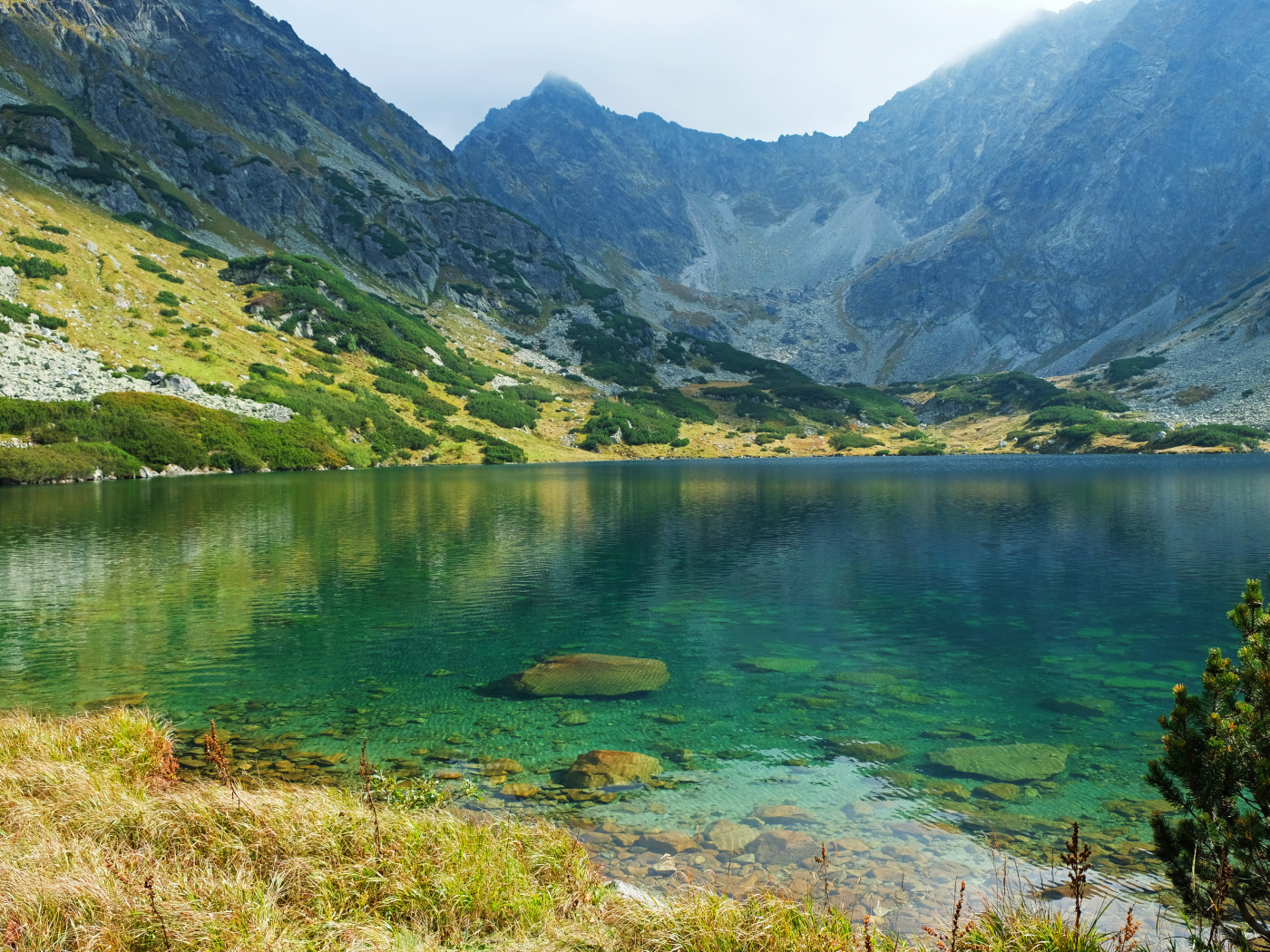 Озеро с чистой водой у подножия высоких гор