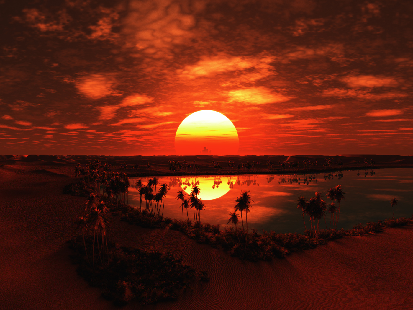 Закат большого солнца над пустыней в тропиках