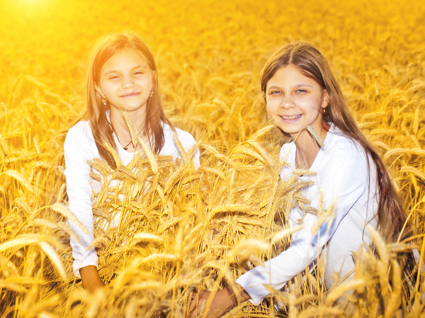 Две улыбающиеся девочки на поле с пшеницей