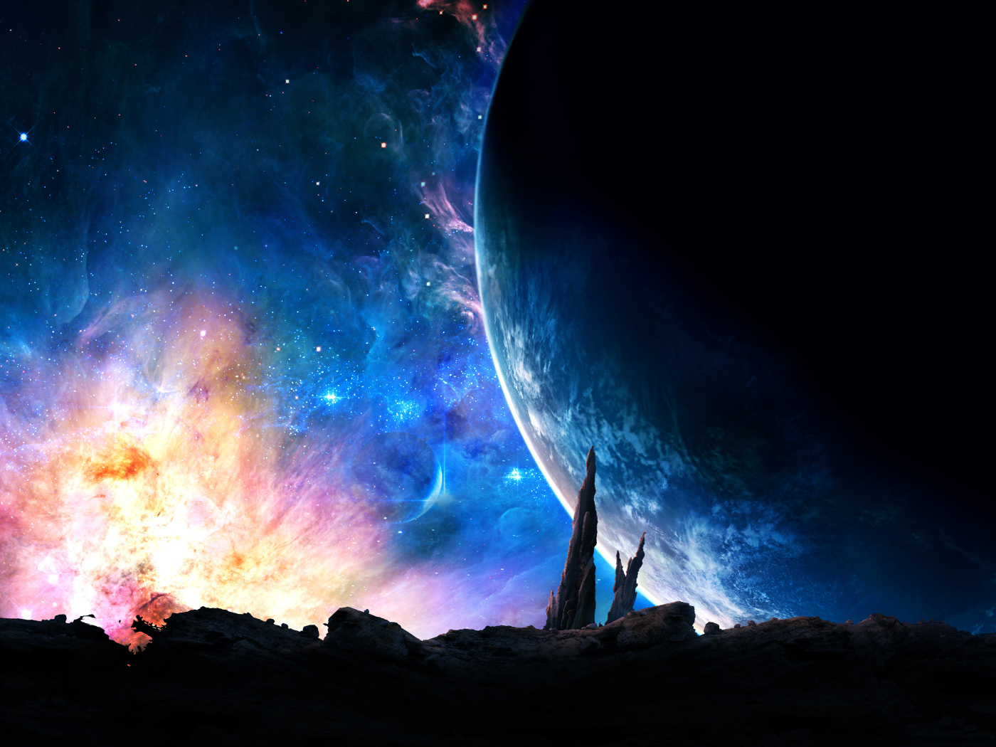 Большая планета на фоне звездной галактики 