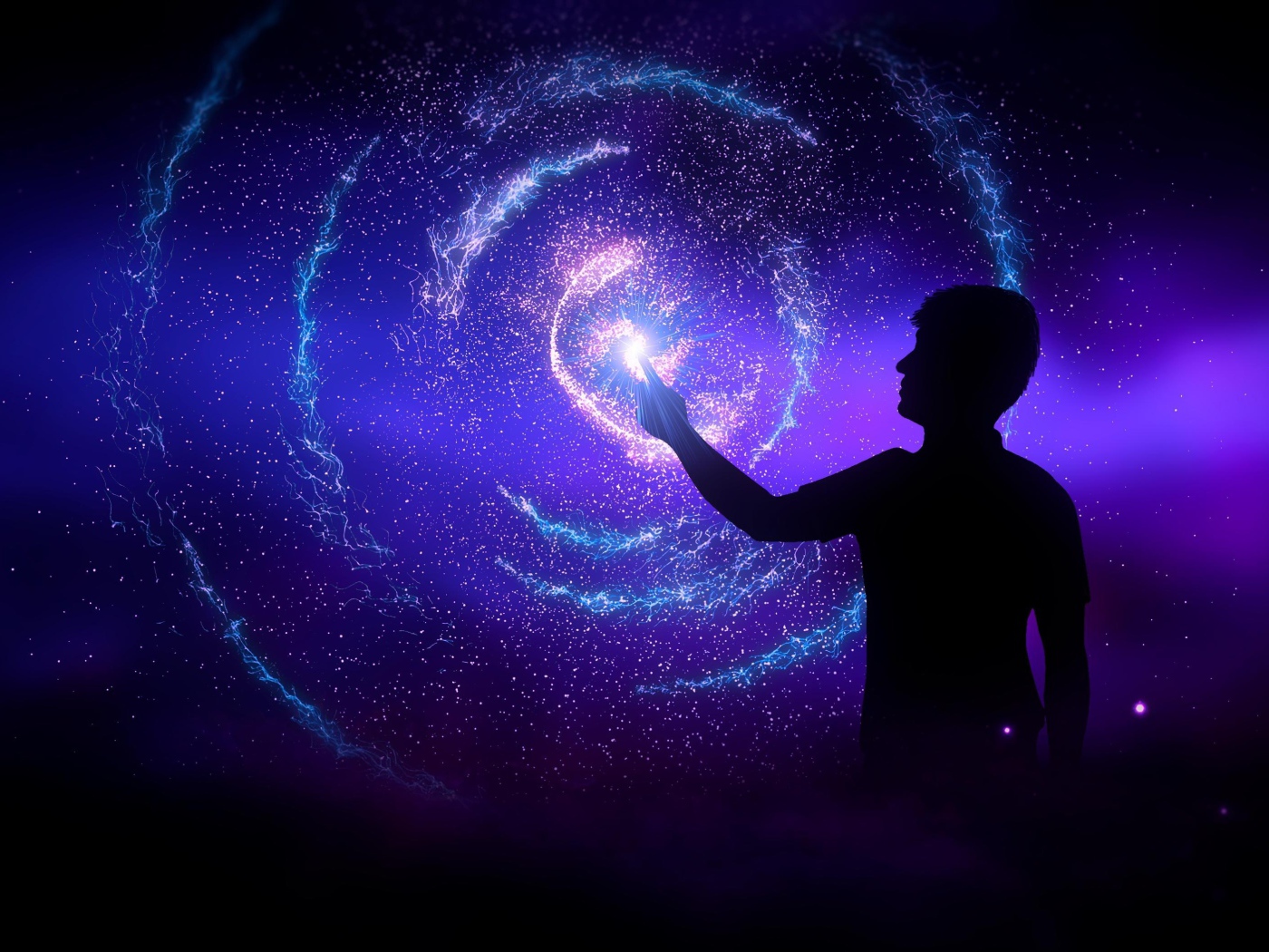Мужчина прикасается в звездной галактике