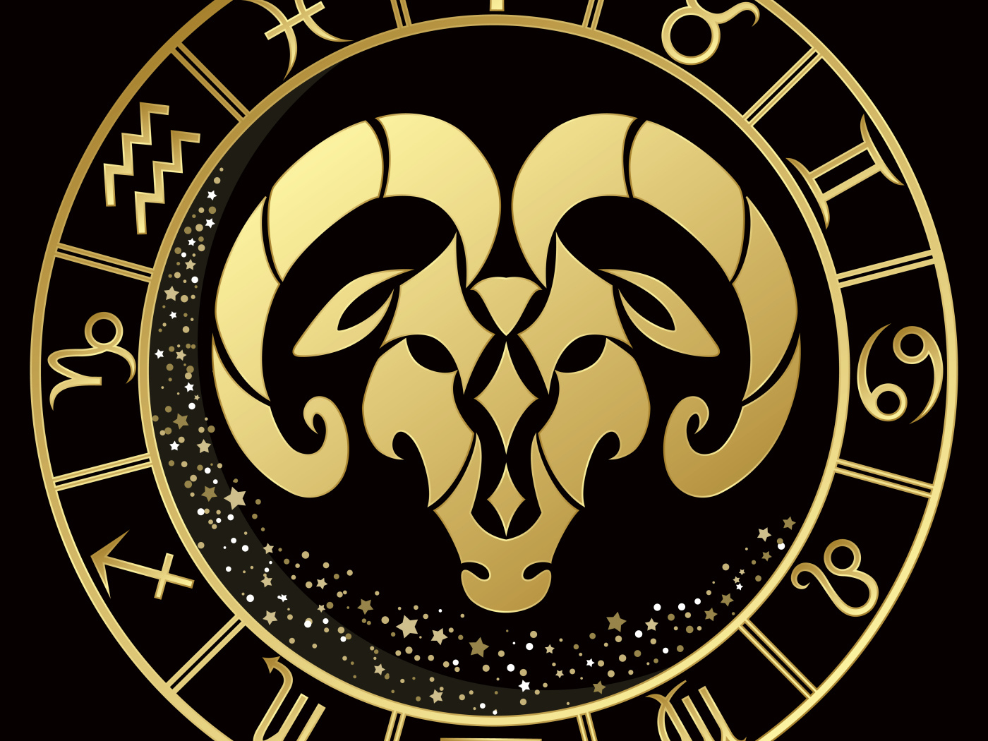 Золотой знак зодиака овен на черном фоне