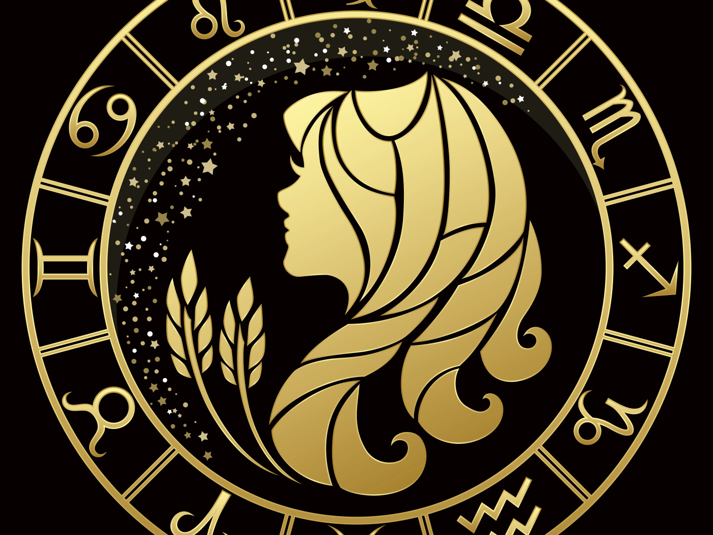 Золотой знак  зодиака дева на черном фоне