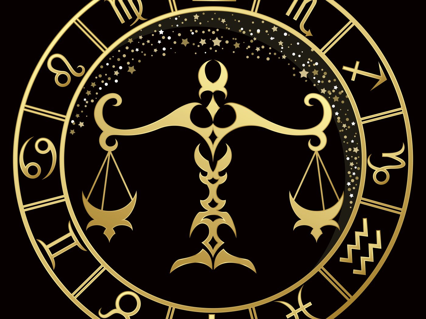 Golden zodiac sign Libra on a black background