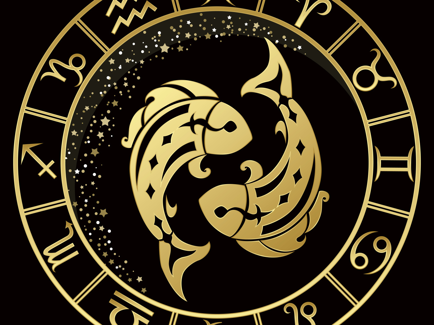 Золотой знак зодиака рыбы на черном фоне