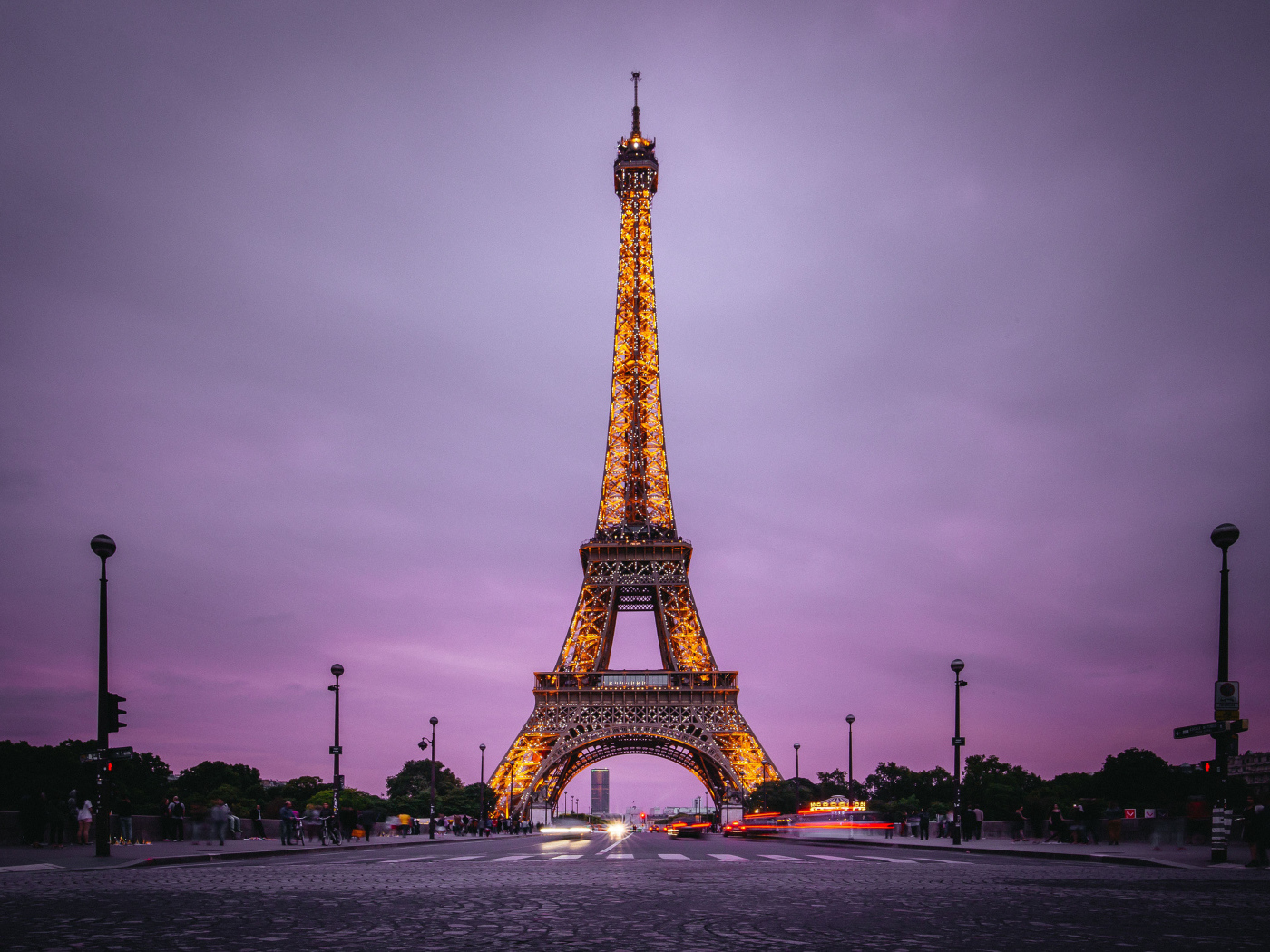 Beautiful Eiffel Tower in Paris on a background of purple sky