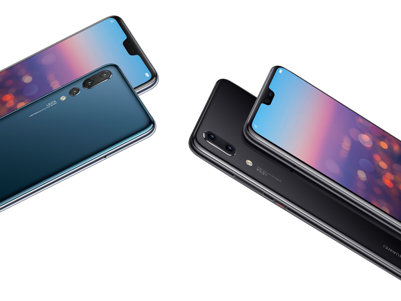 Красивые тонкие смартфоны Huawei P20 Pro на белом фоне