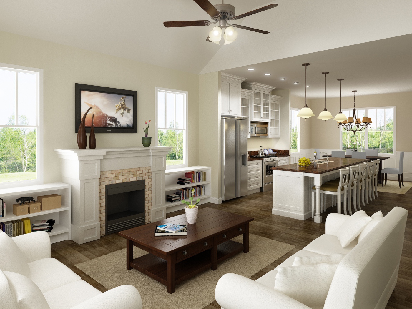 Светлая гостиная комната с кухней 