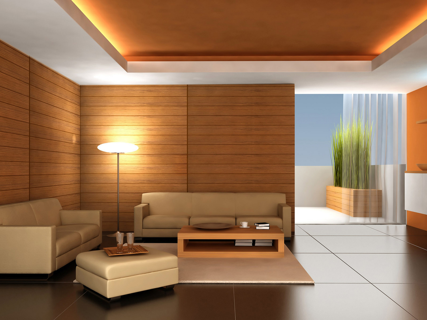 Большая комната с деревянными стенами и кожаными диванами