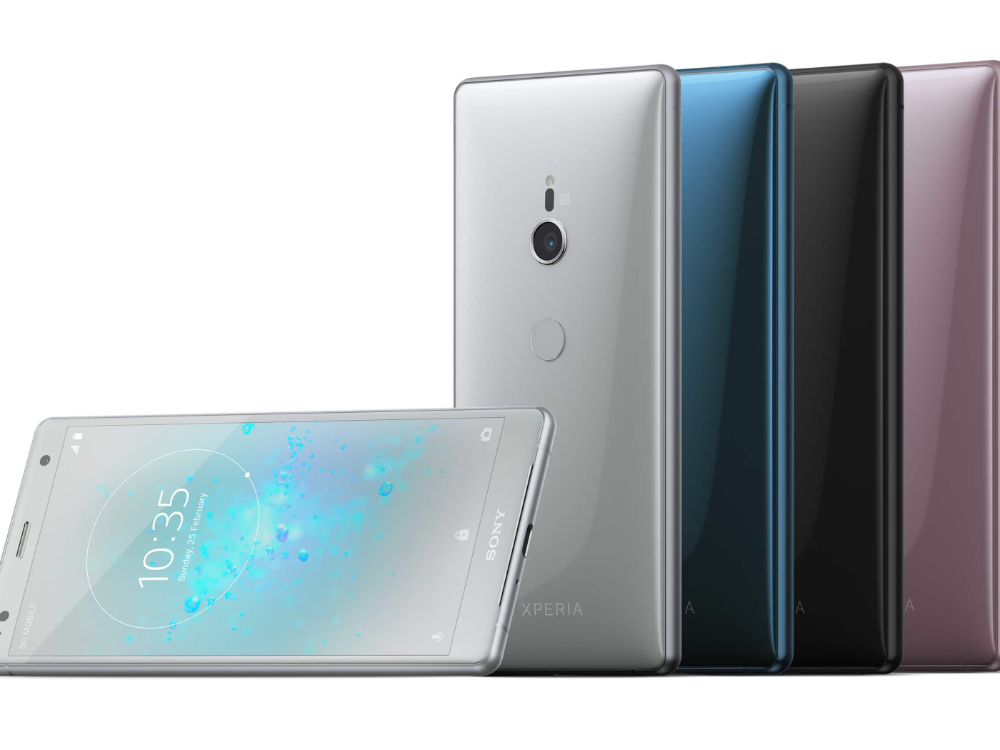 Разноцветные тонкие смартфоны Sony Xperia XZ2 на белом фоне