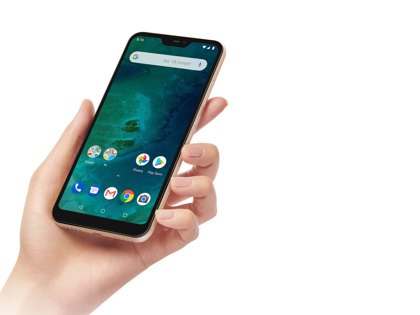 Новый смартфон Xiaomi Mi A2, 2019 года в руке на белом фоне