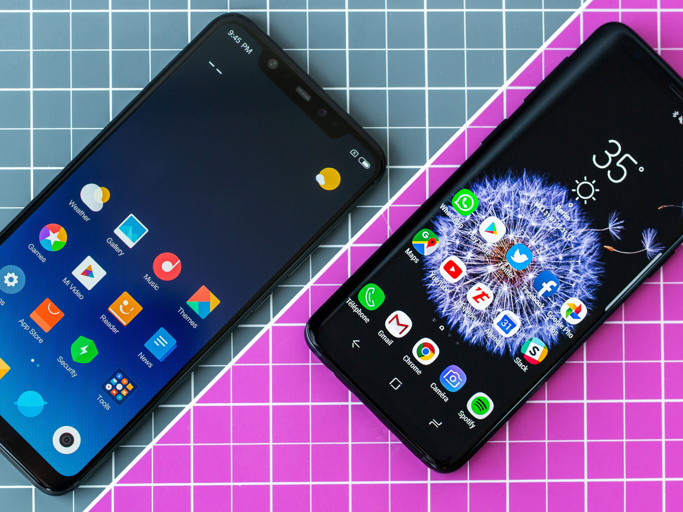 Two smartphones Xiaomi Mi 8 and Samsung Galaxy S9 +