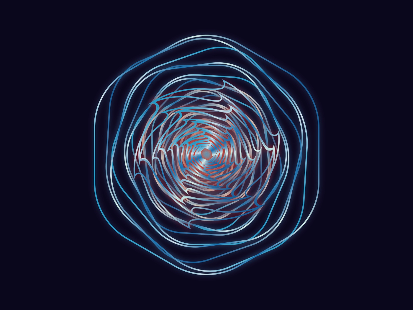 Неоновые фрактальные волны в рисунке на синем фоне