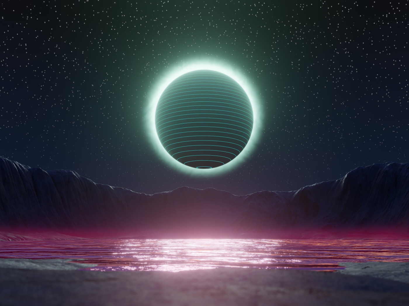 Сфера в ярком свечении в звездном небе над озером