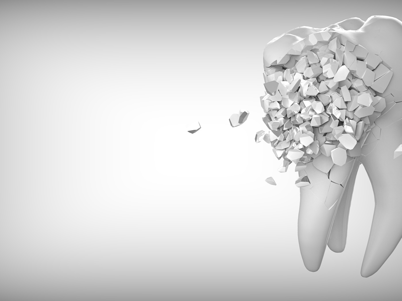 Зуб распадается на сером фоне, 3д графика 