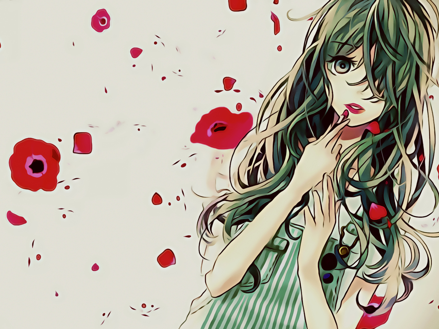 Девушка аниме на фоне с красными маками