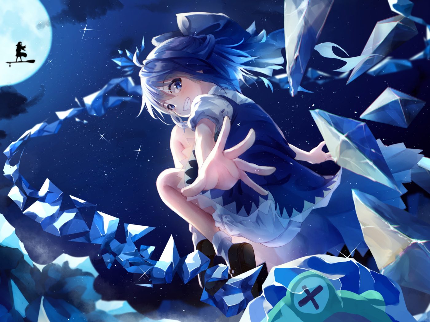 Девушка аниме с голубыми волосами бросает кристаллы 