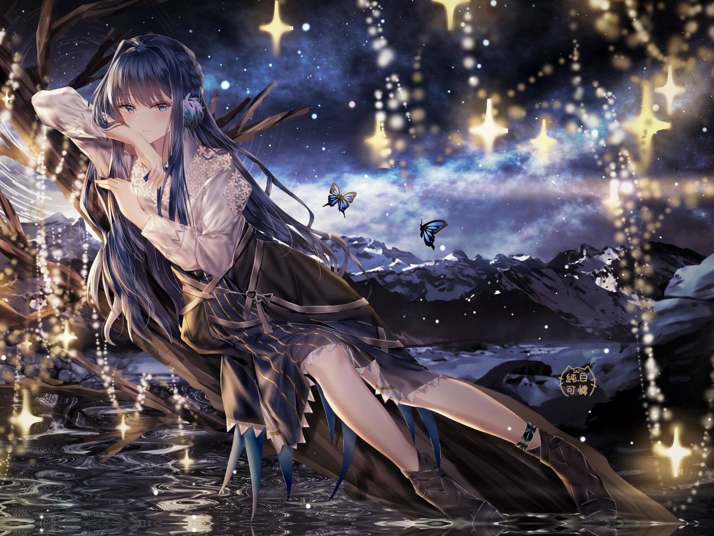 Красивая девушка аниме лежит на дереве у воды