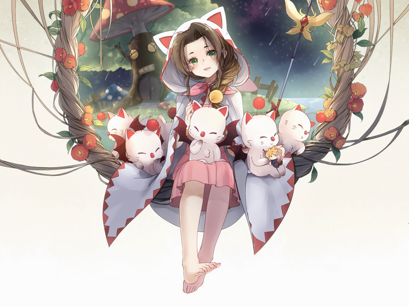 Милая девушка аниме с котятами на белом фоне