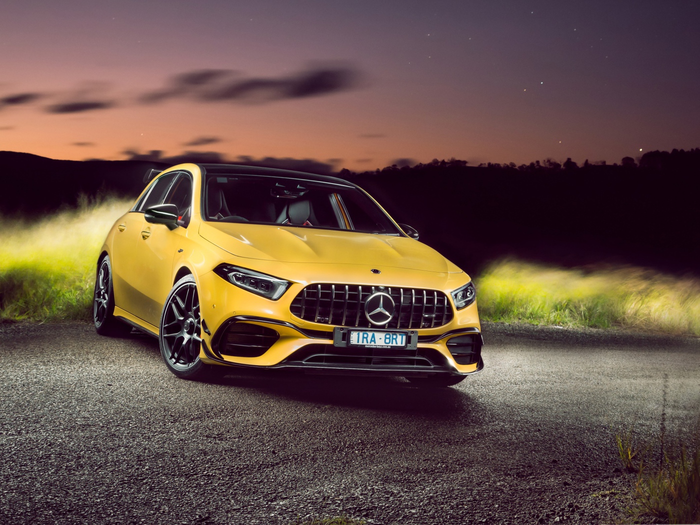 Yellow Mercedes-AMG A 45 S 4MATIC Aerodynamic Package 2020 at night
