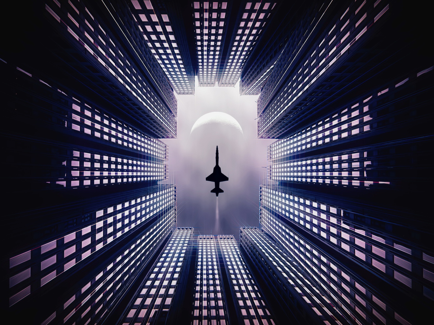 Самолет летит над небоскребами 