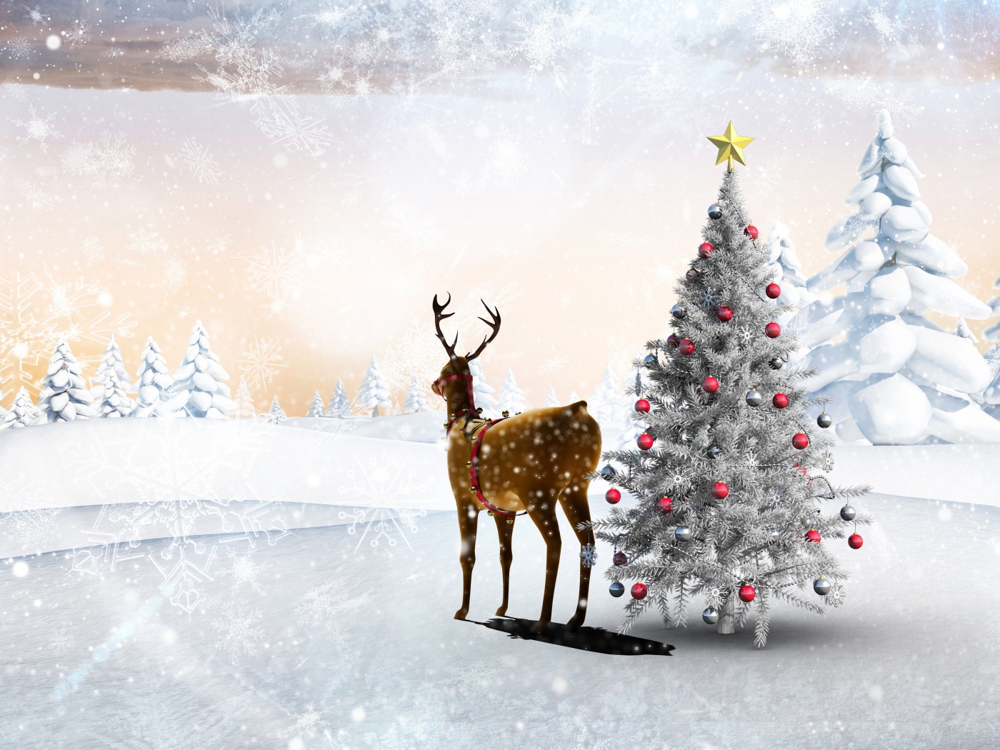 Олень у наряженной ели, шаблон открытки на Рождество