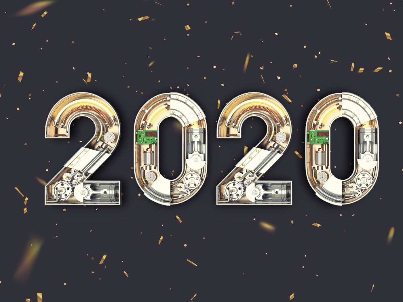 Big mechanical numbers 2020 on a gray background