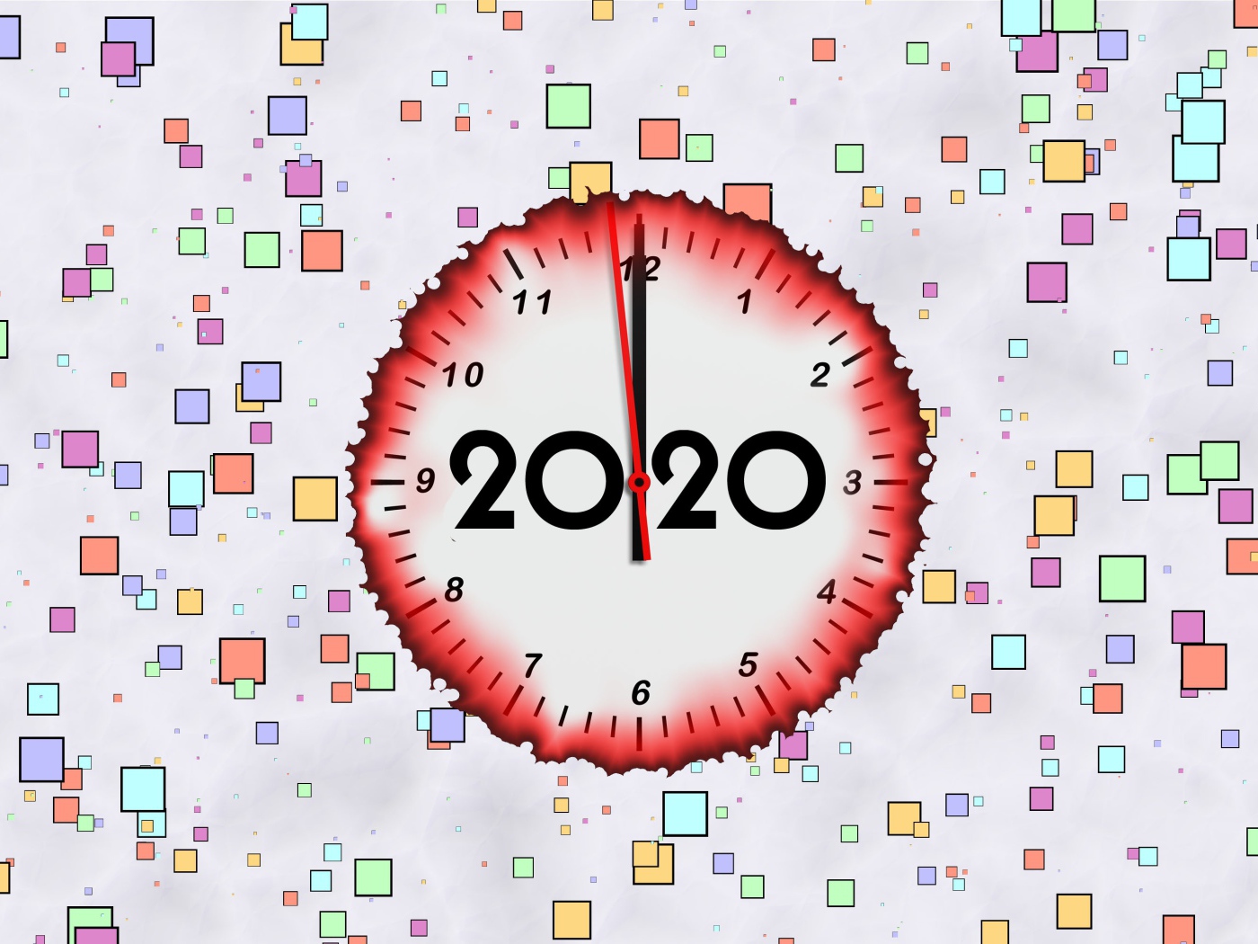 Clock with numbers 2020 on a background with squares