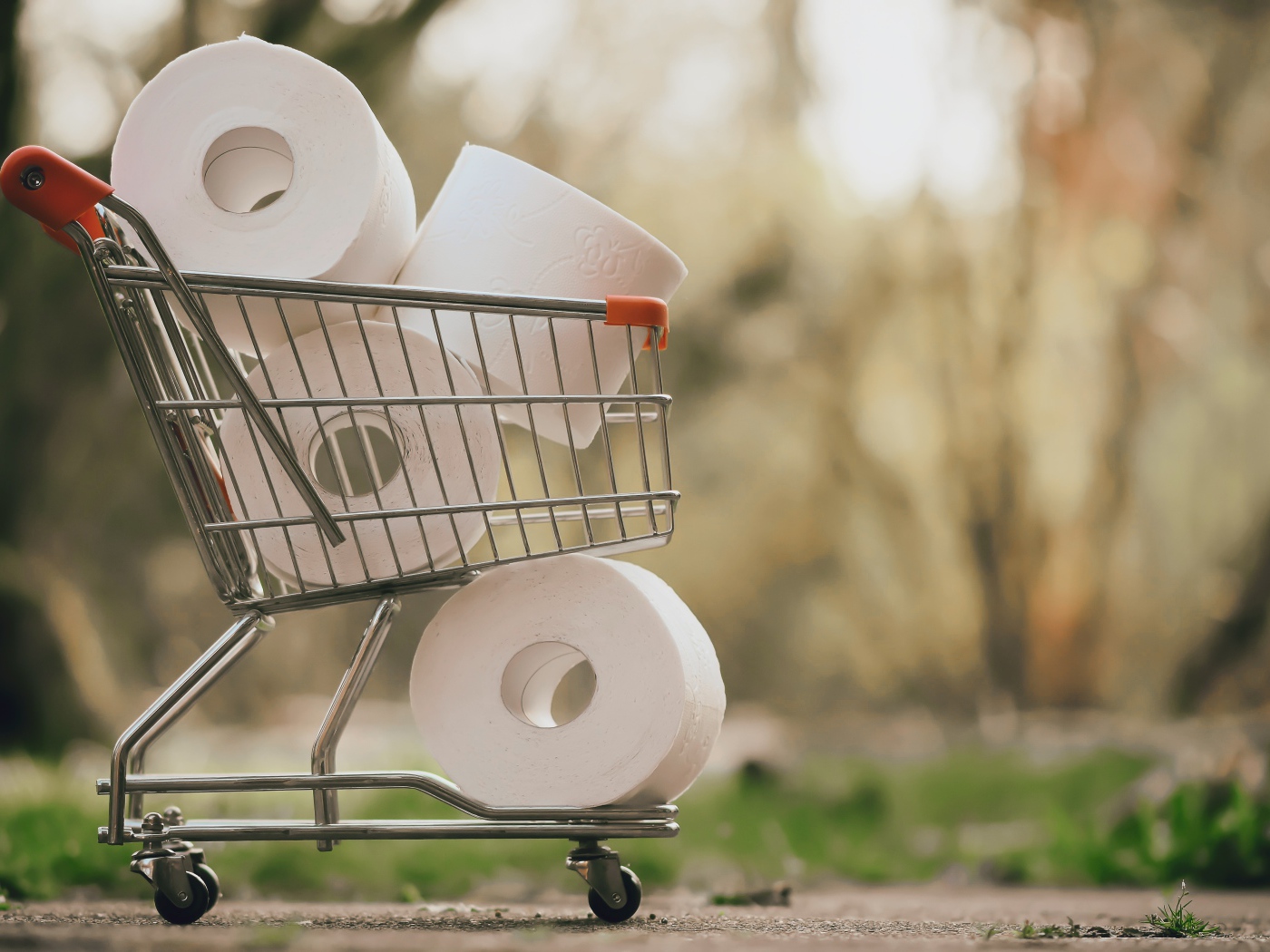 Много рулонов туалетной бумаги в железной тележке 