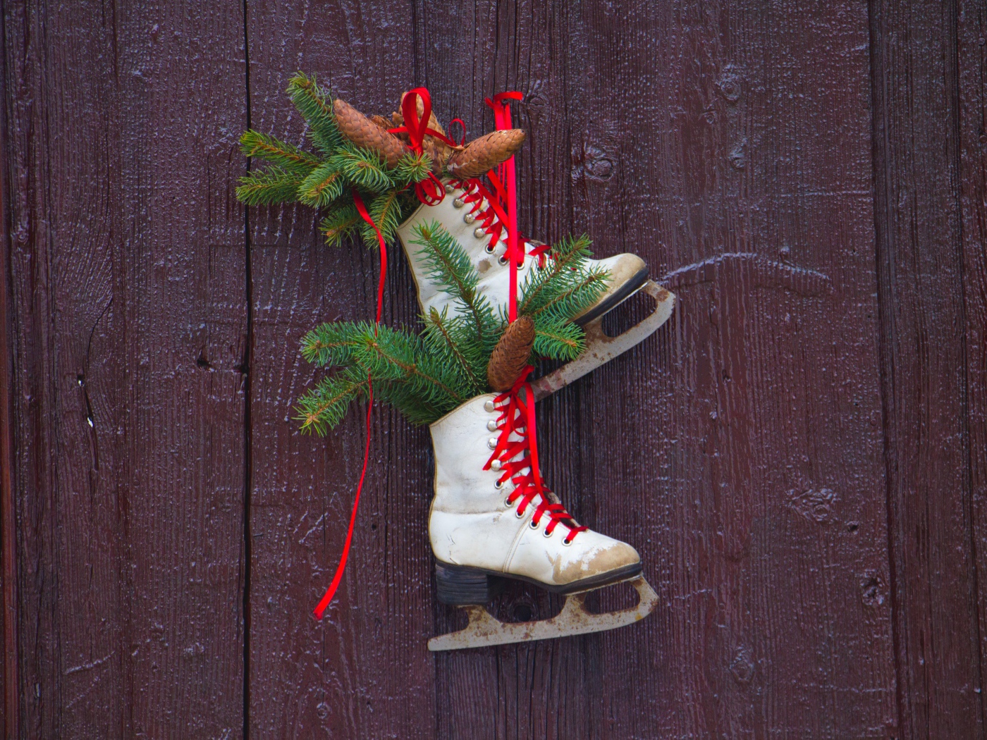 Старые коньки с еловыми ветками на двери 