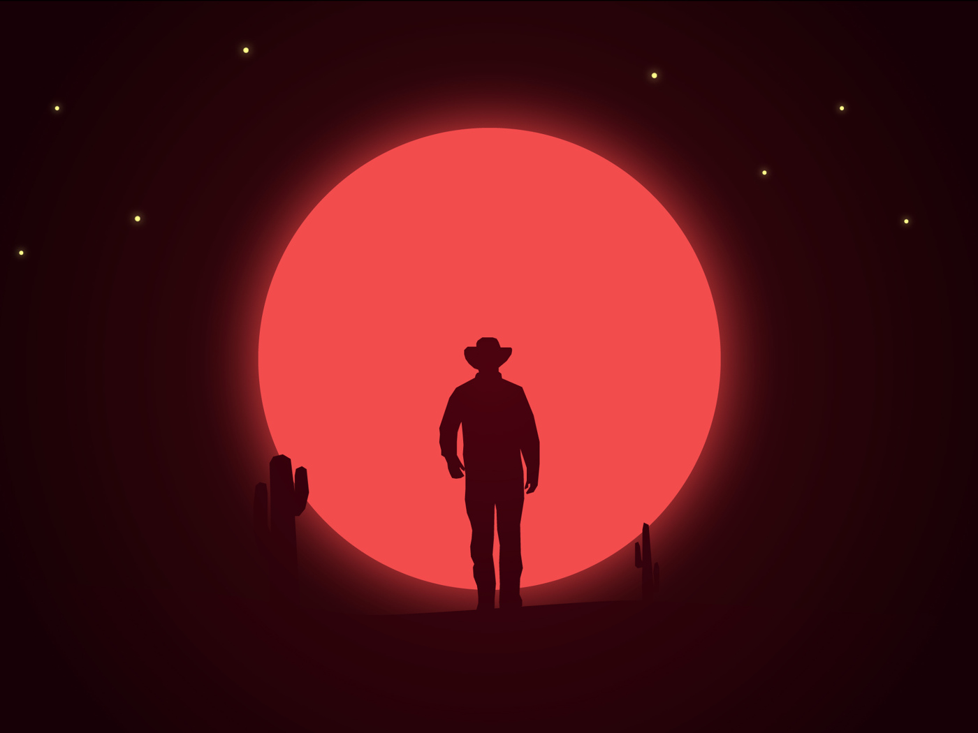Silhouette of a cowboy on a background of the red moon