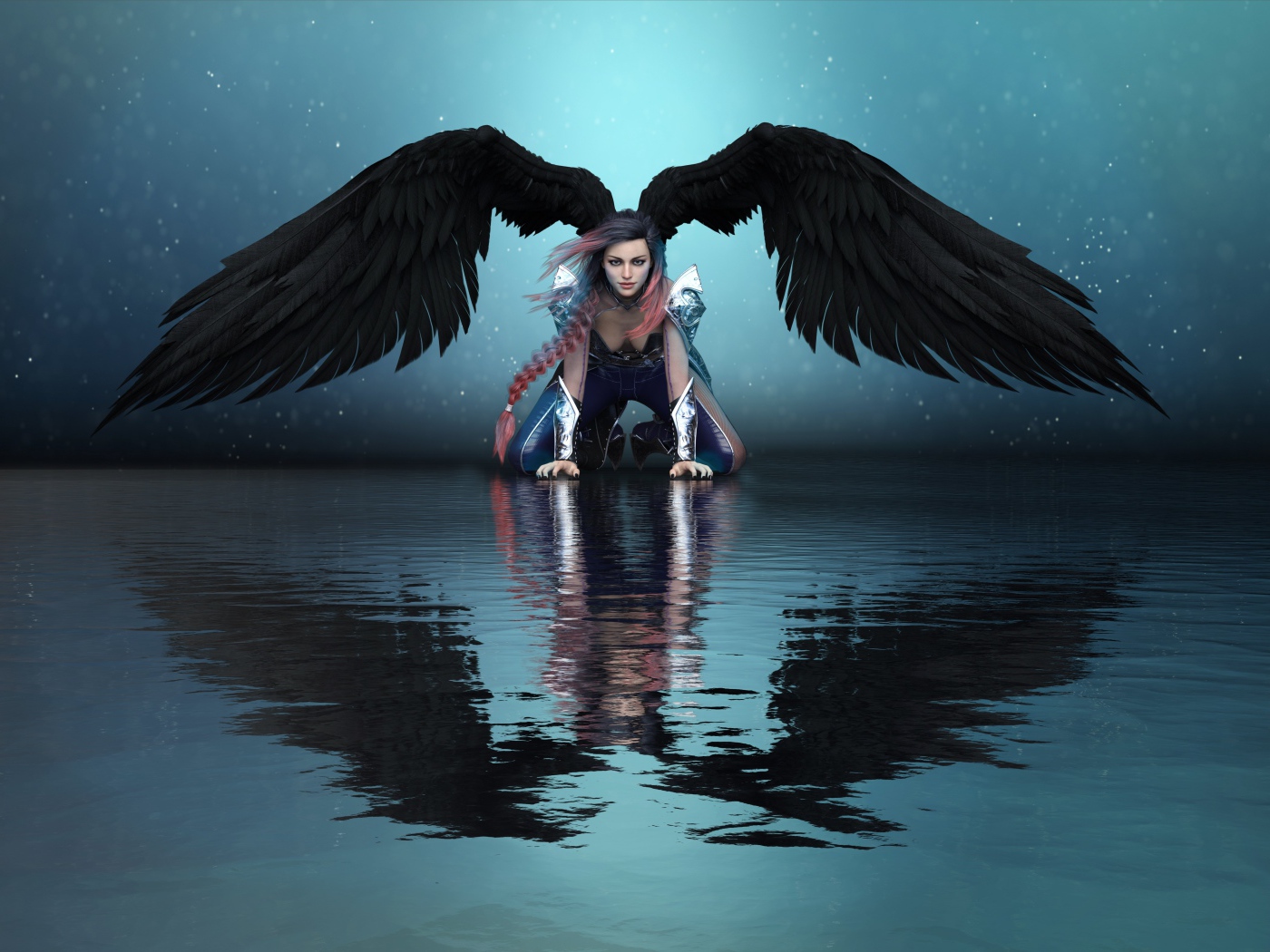 Фантастическая девушка ангел с черными крыльями отражается в воде 
